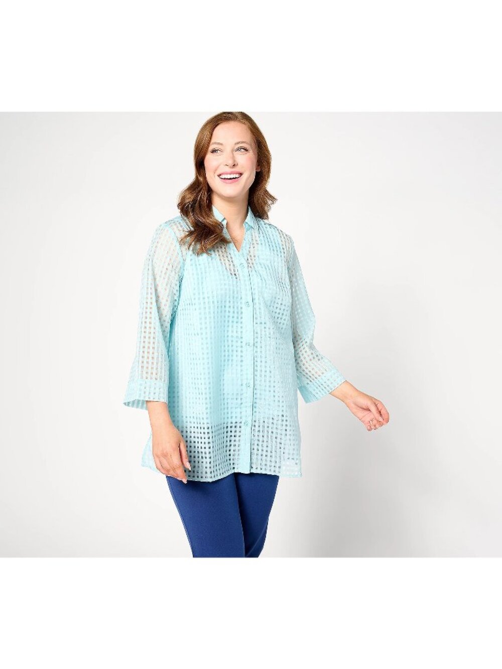 Joan Rivers Red Carpet Regular Sheer Gingham Tunic Topper Womens Large Aqua NEW